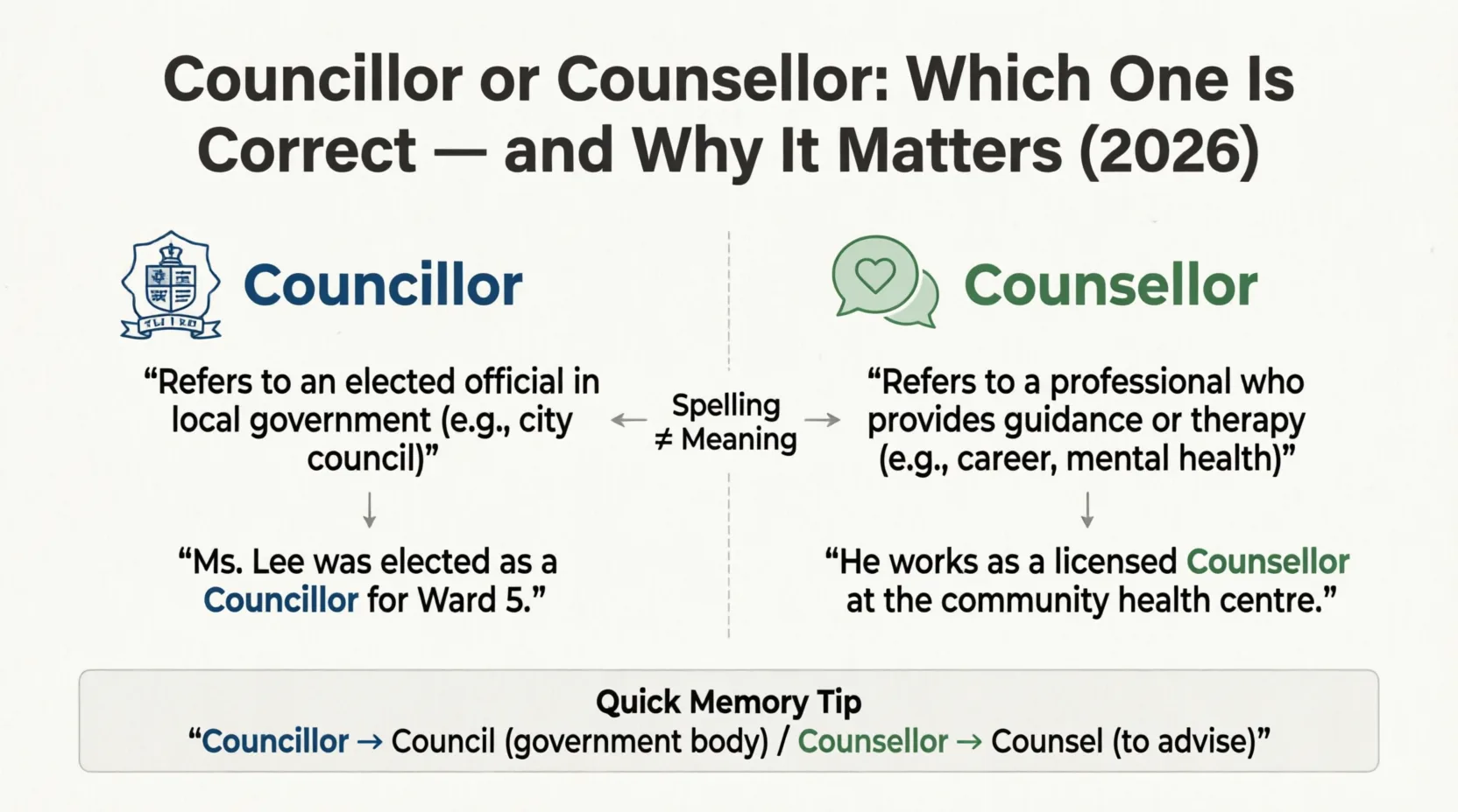 Councillor or Counsellor: Which One Is Correct — and Why It Matters (2026) councillor or counsellor